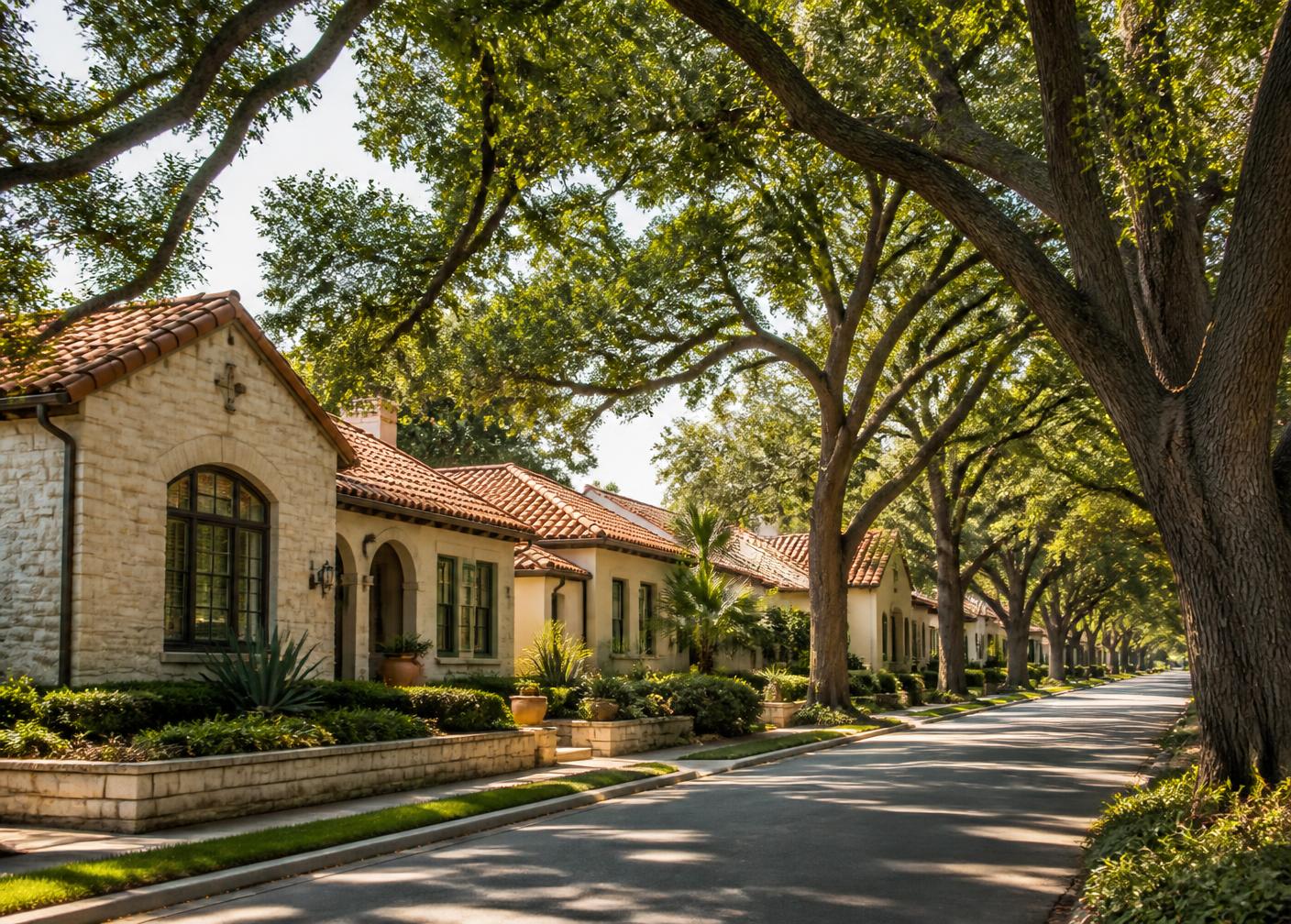 Limestone and stucco homes along a shaded street in an Alamo Heights style San Antonio neighborhood